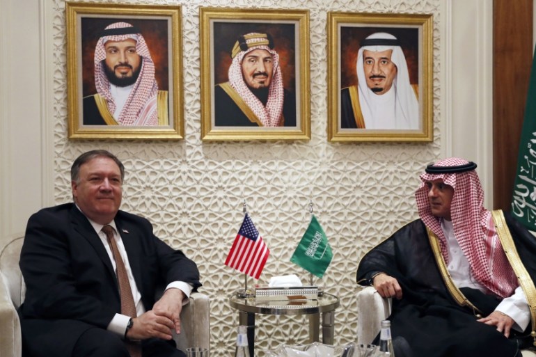 U.S. Secretary of State Mike Pompeo, left, meets with Saudi Foreign Minister Adel al-Jubeir in Riyadh, Saudi Arabia, Tuesday Oct. 16, 2018.