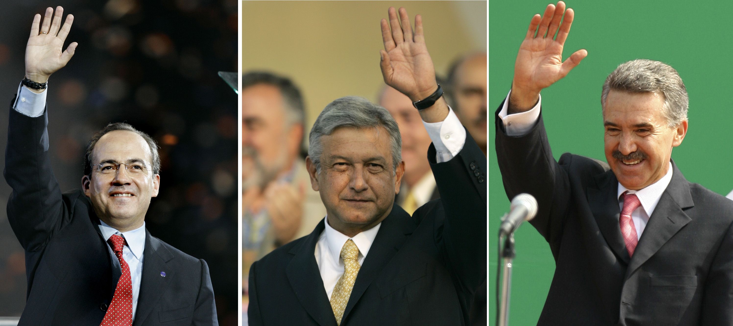 The top three Mexican presidential candidates in the 2006 election, Felipe Calderon, left, Andres Manuel Lopez Obrador, centre, and Roberto Madrazo [File: AP Photos] 
