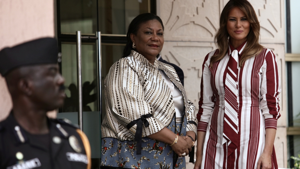 Melania Trump is greeted by Ghana's first lady Rebecca Akufo-Addo in Accra [Francis Kokoroko/Reuters]