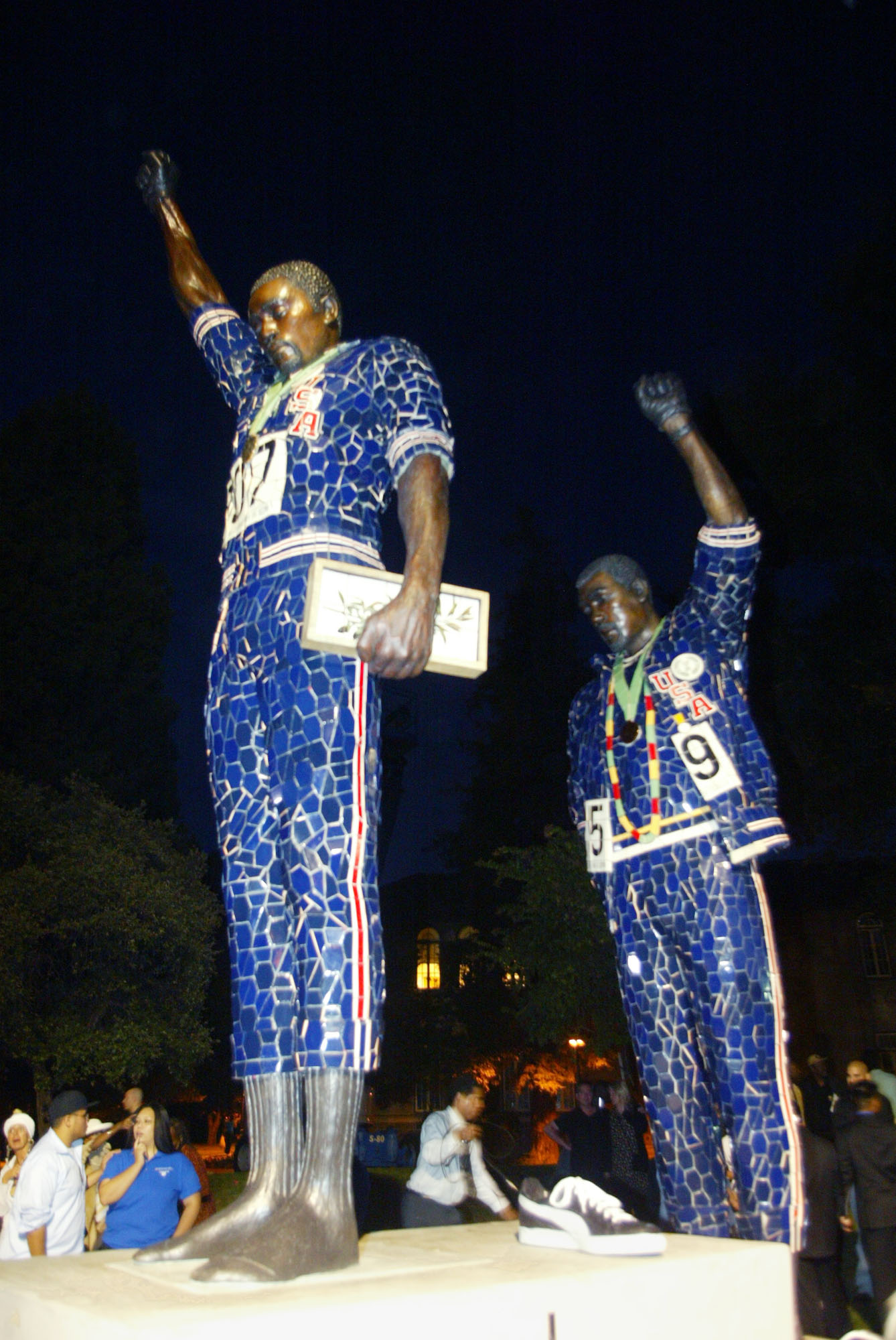 A statue in honour of former Olympians Tommie Smith, left, and John Carlos is seen after being unveiled in San Jose, California in 2005 [George Nikitin/AP Photo] 