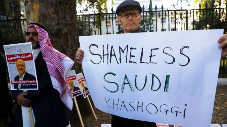 People protest against the killing of journalist Jamal Khashoggi in Turkey outside the Saudi Arabian Embassy in London