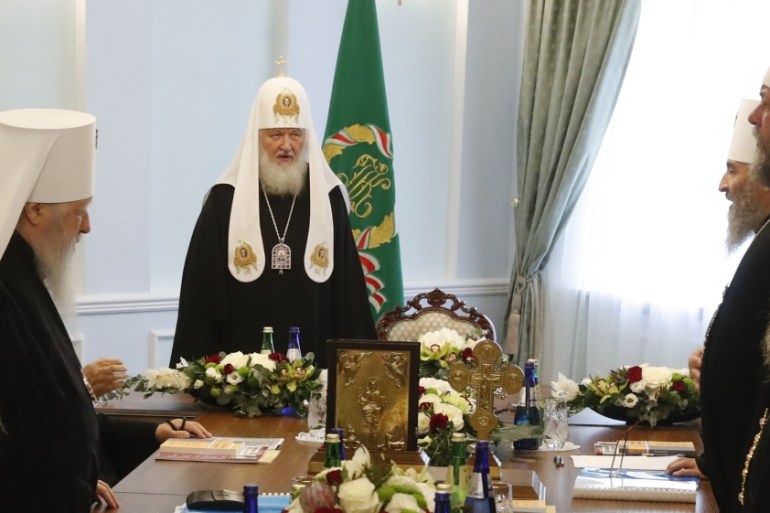 Head of the Russian Orthodox Church Patriarch Kirill chairs a meeting of the Holy Synod in Minsk