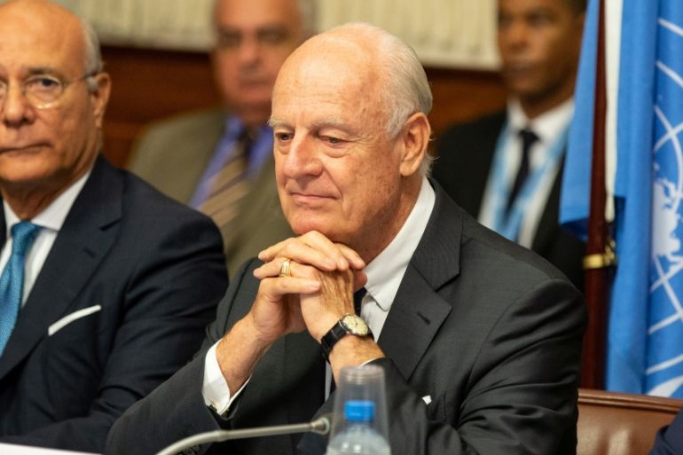 UN Special Envoy of the Secretary-General for Syria Staffan de Mistura attends a meeting during the consultations on Syria, at the European headquarters of the United Nations in Geneva