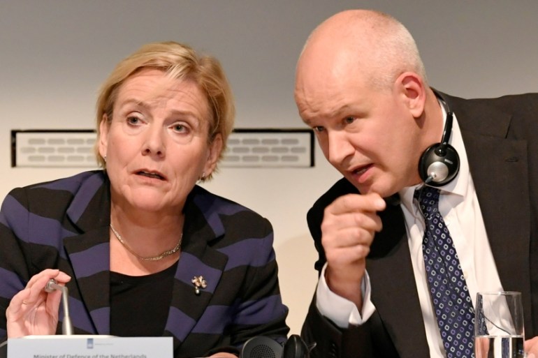 Dutch Minister of Defence Bijleveld and British Ambassador Wilson attend a news conference in The Hague