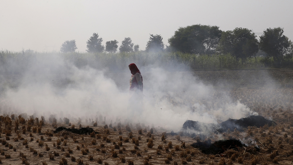 A farmer walks through the smoke of burning farming waste at Palwal, Haryana state [File: Saurabh Das/AP Photo]