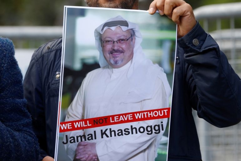 A demonstrator holds picture of Saudi journalist Jamal Khashoggi during a protest in front of Saudi Arabia''s consulate in Istanbul