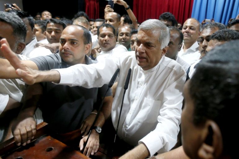Sri Lanka''s ousted Prime Minister Wickremesinghe speaks to his supporters at the Prime Minister official residence in Colombo