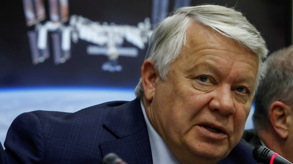 Oleg Skorobogatov, head of the investigating commission, speaks at a news conference in the Russian Mission Control Centre in Korolev [Sergei Karpukhin/Reuters]