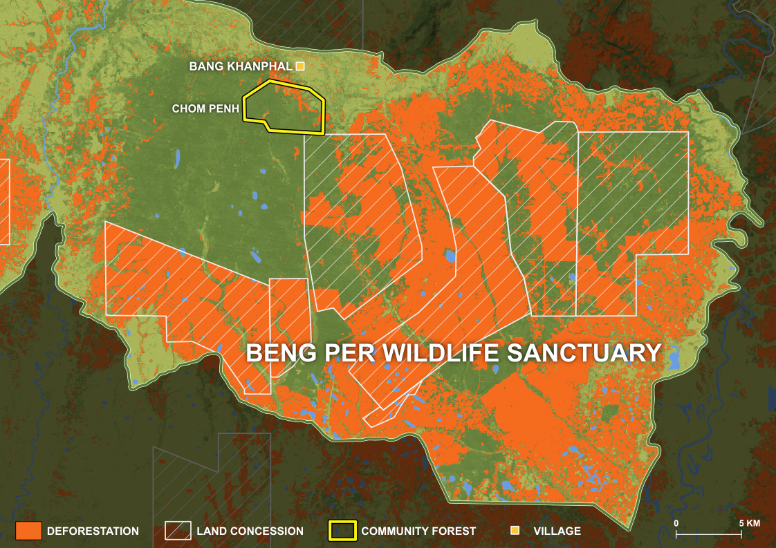 Deforestation in the Beng Per Wildlife Sanctuary from 2000 to 2017, using data from Hansen, UMD, Google, USGS and NASA [Licadho]