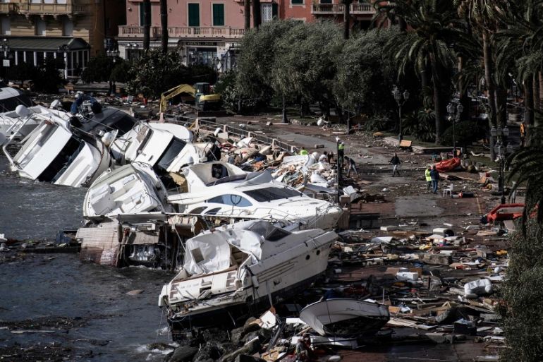 Destroyed yachts lie in the harbour of Rapallo, near Genoa, Italy.