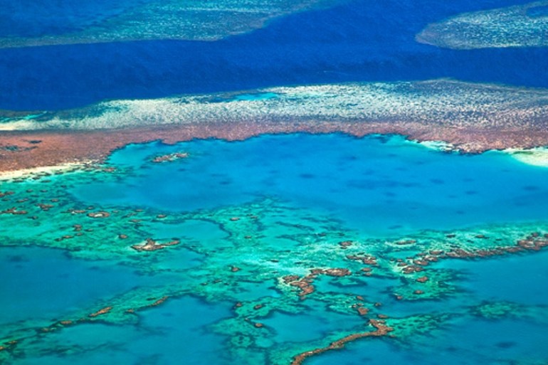 Aerial view of the Great Barrier Reef of the Whitsundays in the Coral sea