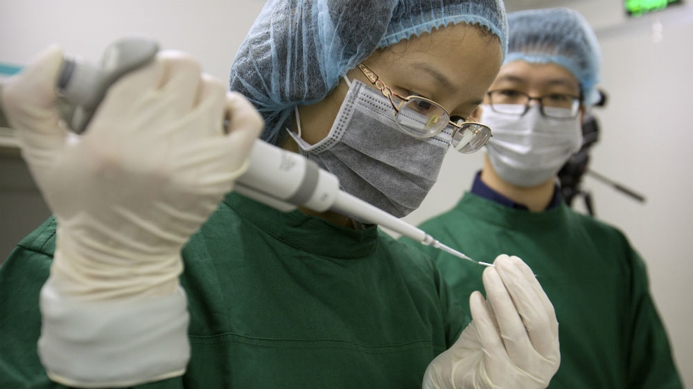 Zhou Xiaoqin, left, loads Cas9 protein and PCSK9 sgRNA molecules into a fine glass pipette at He Jiankui's laboratory in Shenzhen [File: Mark Schiefelbein/AP Photo]