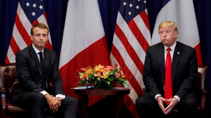 France''s President Macron and U.S. President Trump both react as they hold a bilateral meeting on sidelines of UN General Assembly in New York