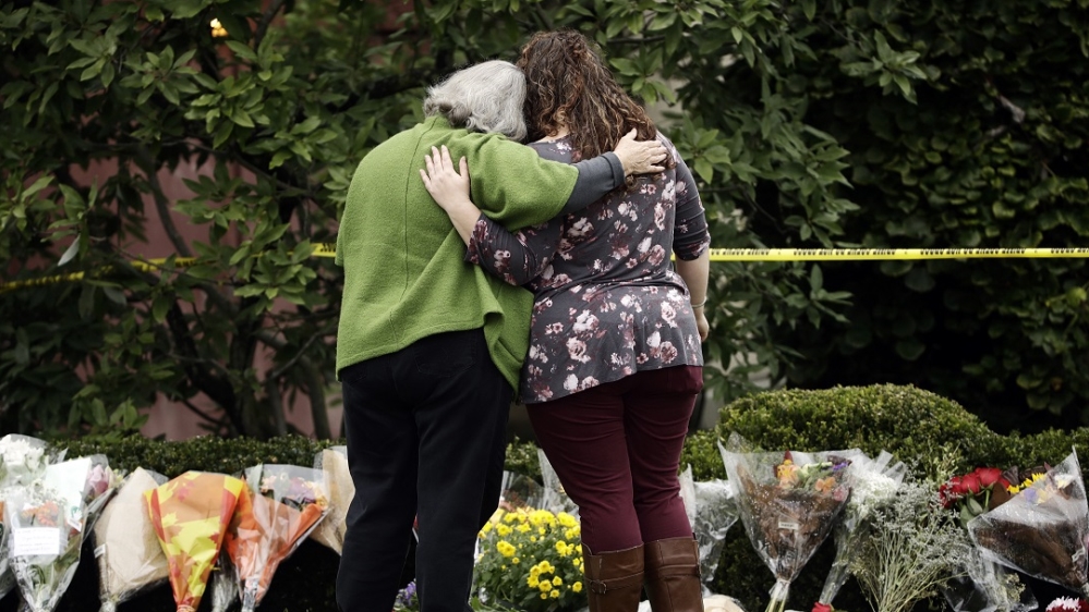 A makeshift memorial at the Tree of Life Synagogue in Pittsburgh [Matt Rourke/AP Photo] 