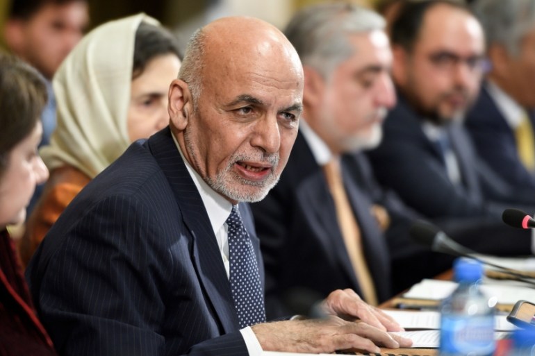 Afghan president Ashraf Ghani delivers a speech during the United Nations Conference on Afghanistan at the UN Offices in Geneva, Switzerland, Wednesday, Nov. 28, 2018. (Fabrice