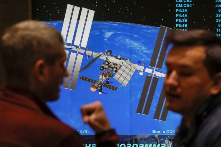 A picture of the International Space Station before a news conference on results of investigation on failed Soyuz rocket launch on October 11, in the Russian Mission Control Center in Korolev