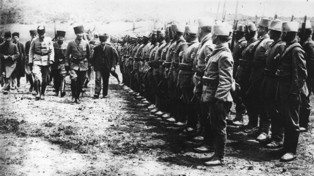Turkish general and statesman Mustafa Kemal Ataturk reviewing his troops during the war of independence against Greece [Getty Images]