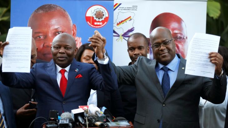 Felix Tshisekedi (R), leader of Congolese main opposition, the Union for Democracy and Social Progress (UDPS) party, and Vital Kamerhe, leader of the Union for the Congolese Nation (UNC) party