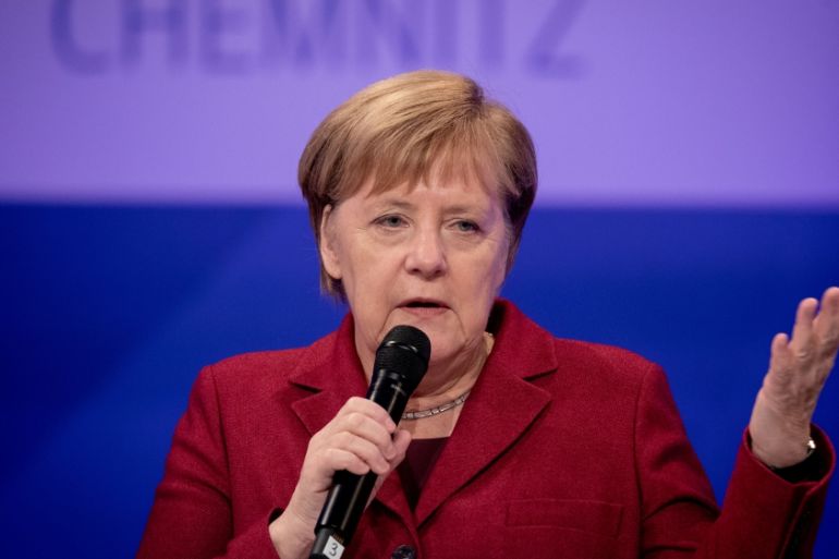 German Chancellor Angela Merkel attends the meeting with readers of ''Freie Presse'' newspaper in Chemnitz