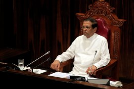 Sri Lankan President Maithripala Sirisena watches during the inauguration of the second session of the 8th parliament in Colombo, Sri Lanka, Tuesday, May 8, 2018. (AP Photo/Eranga Jayawardena)