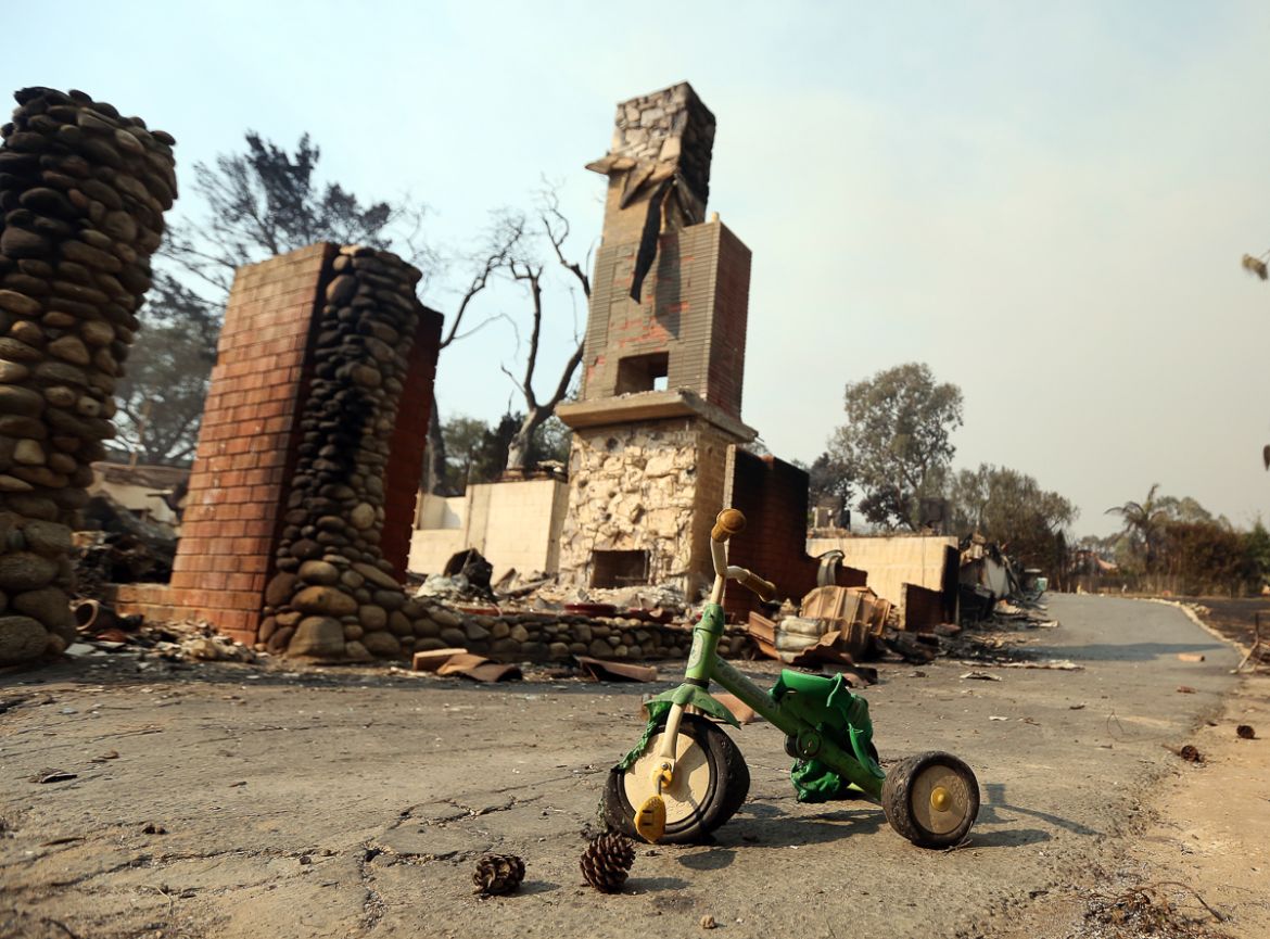 A child''s toy stands outside one of at least 20 homes destroyed just on Windermere Drive in the Point Dume area of Malibu, Calif.,Saturday, Nov. 10, 2018. Known as the Woolsey Fire, it has consumed th
