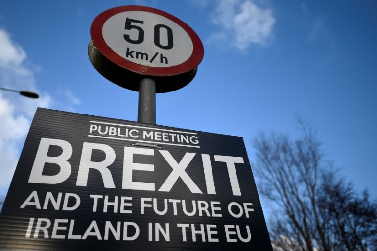 A Brexit sign is seen between Donegal in the Republic of Ireland and Londonderry in Northern Ireland at the border village of Muff