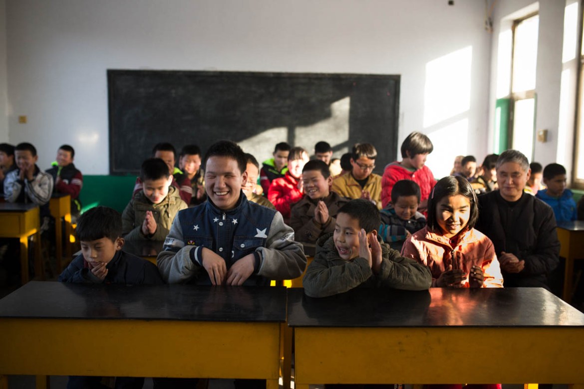 Students at Mu Mengjie School for the Blind gather for singing class. Music is incredibly important at the school and the children and teachers will gather to sing and play several times each day.