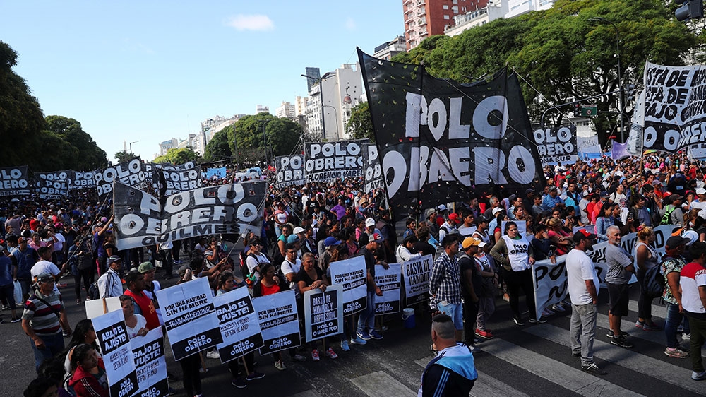 Members of social groups gather to protest against the Group 20 summit, in Buenos Aires [Marcos Brindicci/Reuters]