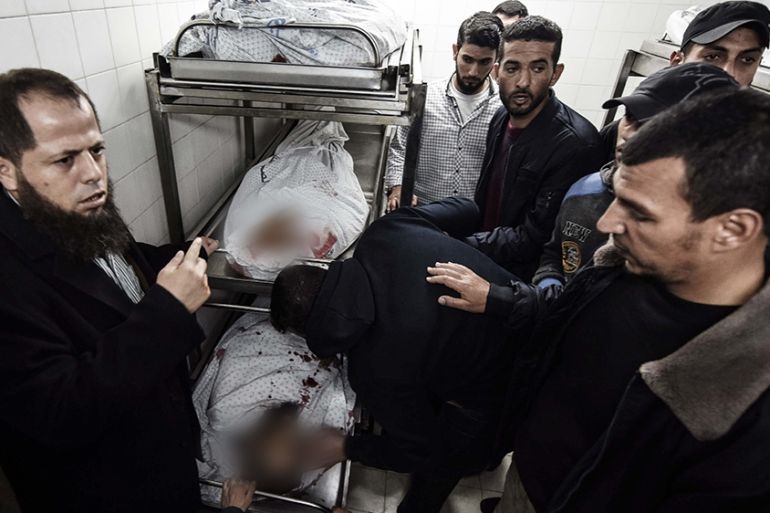 KHAN YUNIS, GAZA - NOVEMBER 11: (EDITOR''S NOTE: Image depicts death) Dead bodies of Palestinians who were killed after Israeli forces targeted a group of people east of the city of Khan Yunis, are see
