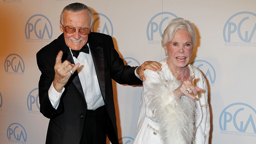 Stan Lee and late wife Joan as they arrive at the 23rd annual Producers Guild Awards in Beverly Hills, California [File: Fred Prouser/Reuters]