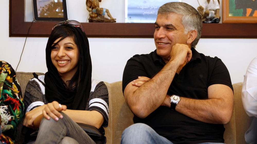 Human rights activists, Zainab al-Khawaja and Nabeel Rajab meet with activists after al-Khawaja's release from prison, in Manama, Bahrain on June 3, 2016 [Reuters/Hamad I Mohammed]