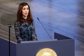 The Peace Prize laureate Iraqi Nadia Murad delivers her speech during the Nobel Peace Prize Ceremony in Oslo Town Hall in Oslo