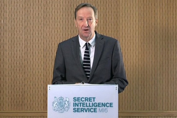 MI6 chief Alex Younger speaks at MI6''s Vauxhall Cross headquarters in central London