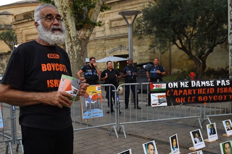 FRANCE-ISRAEL-CULTURE-DEMO A man attends a protest rally organized by the Boycott, Divestment, Sanctions (BDS) movement on June 28, 2018 in font of Agora in Montpellier, southern France,