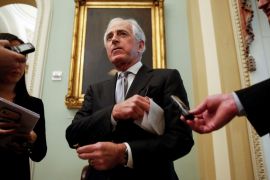 Senator Bob Corker (R-TN) speaks to reporters before a series of votes on legislation ending U.S. military support for the war in Yemen on Capitol Hill in Washington