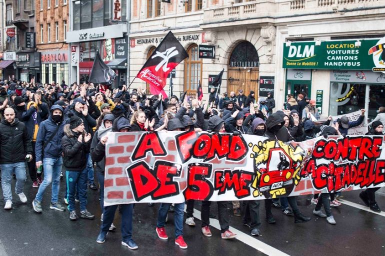 Protest in Lille against Generation Identity on December 23, 2018 [Lucas Chedeville/Al Jazeera]