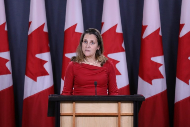 Canada''s Foreign Minister Chrystia Freeland speaks during a news conference in Ottawa