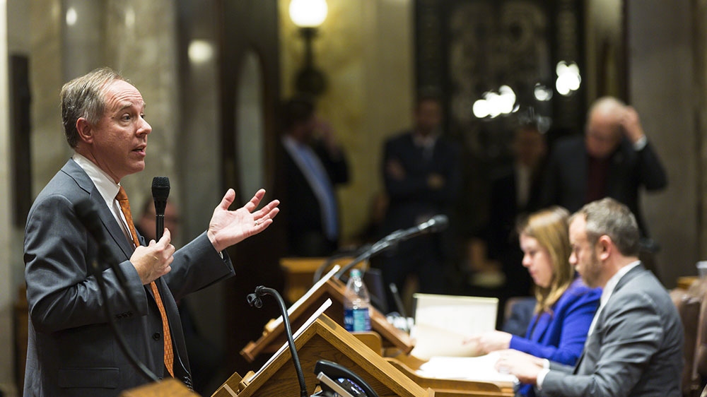 Wisconsin Assembly Speaker Robin Vos (R-Burlington) addresses the Assembly during a contentious legislative session in Madison, Wisconsin [Andy Manis/Getty Images/AFP] 