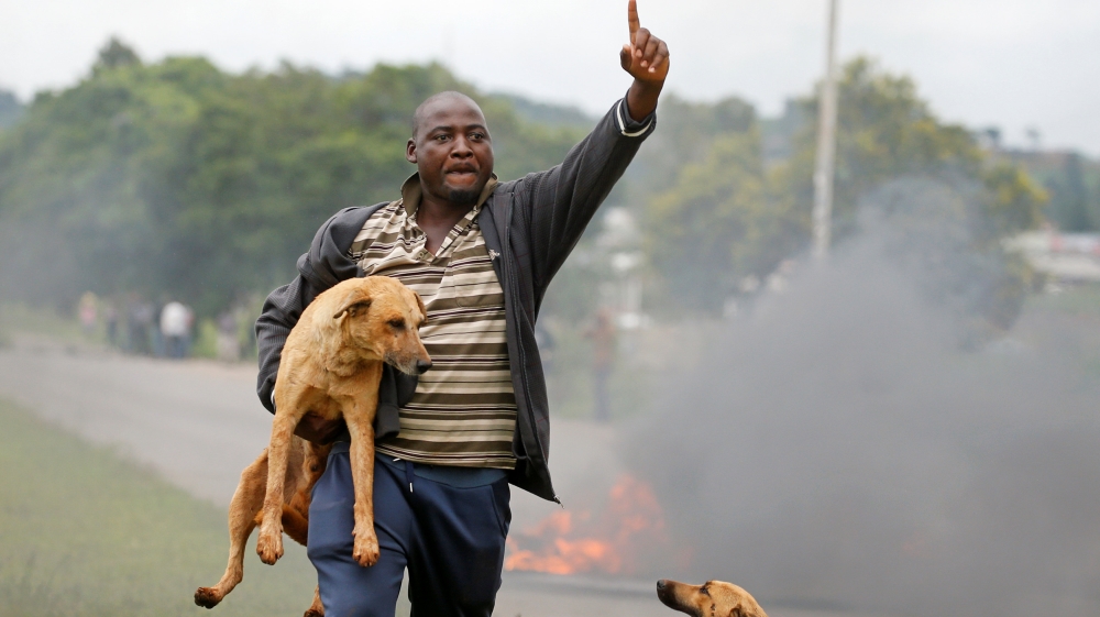 A protester gestures as he holds a dog before a burning barricade during protests in Harare [File: Philimon Bulawayo/Reuters]