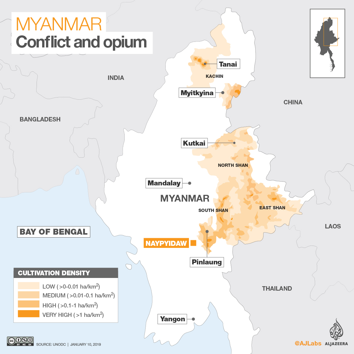 Myanmar map of opium, and conflict [Al Jazeera]