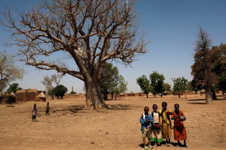 Children stand close to a baobab tree at Nedogo village near Ouagadougou