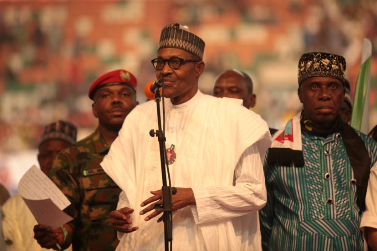 Nigeria''s President Muhammadu Buhari speaks a launch campaign for his re-election, in Uyo