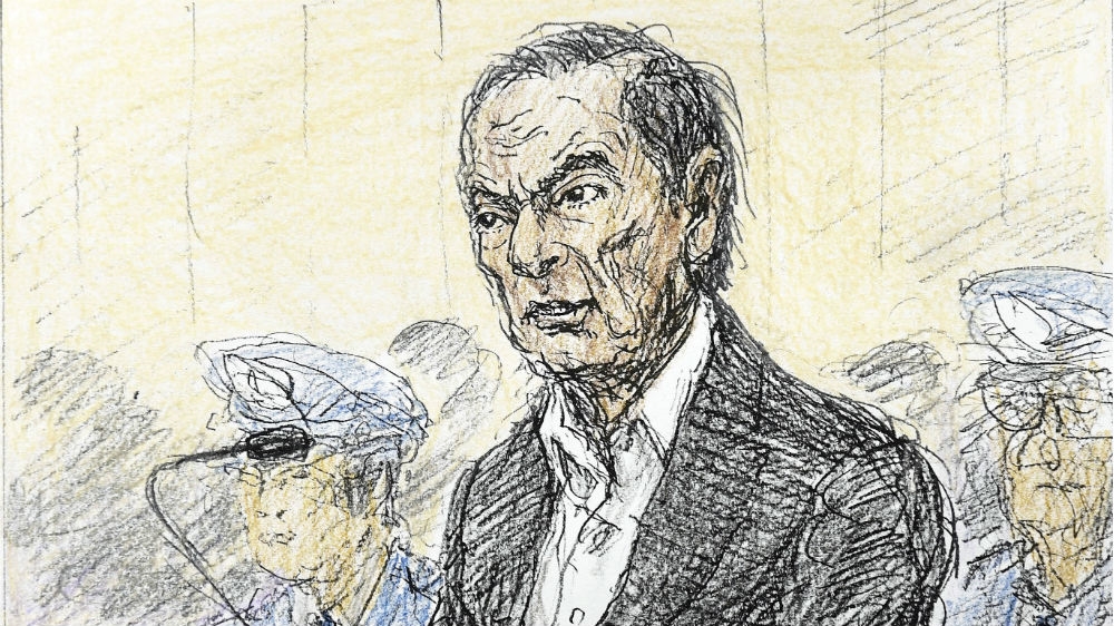 A court sketch shows Ghosn during a court hearing earlier this month. It was his first public appearance since November. [Kyodo via Reuters]