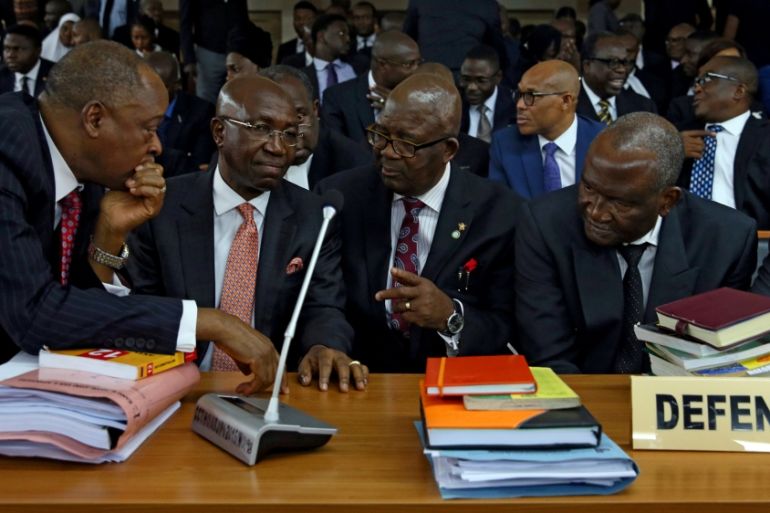 FILE PHOTO: Attorneys in defense of Nigeria''s Chief Justice Walter Onnoghen are pictured at the Code of Conduct Tribunal in Abuja