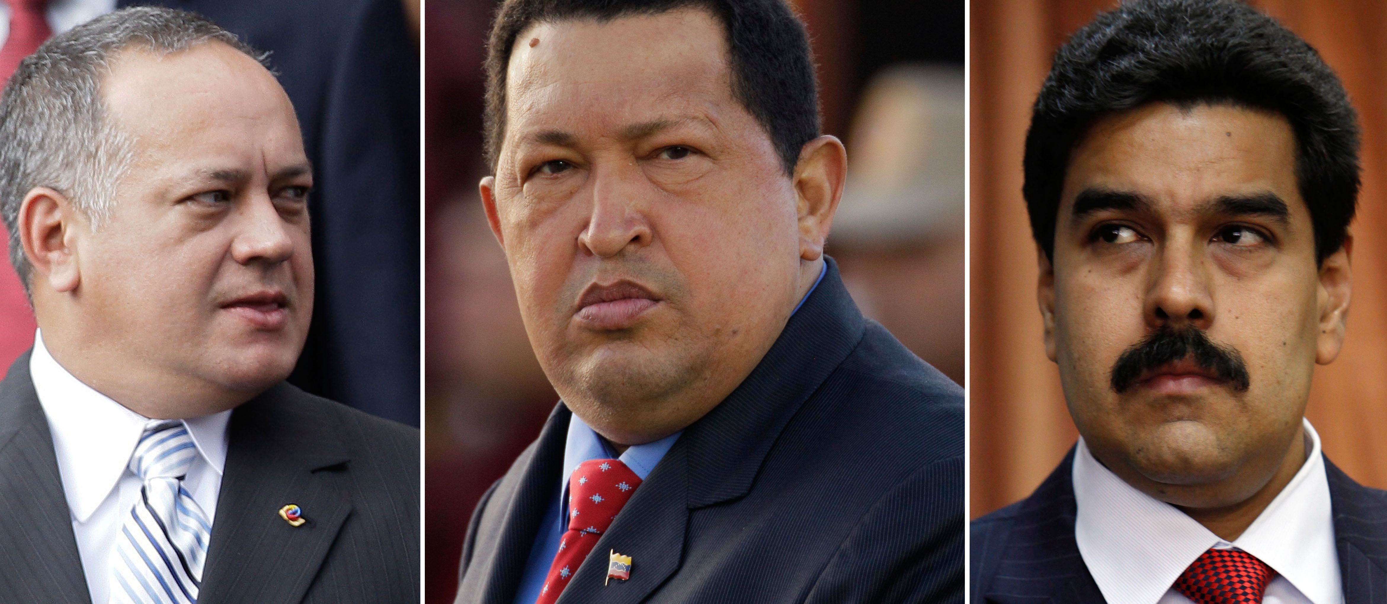  Venezuela's politician and member of the armed forces Diosdado Cabello, left, late President Hugo Chavez, centre, and current President Nicolas Maduro [File: Ariana Cubillos, Natacha Pisarenko/AP]
