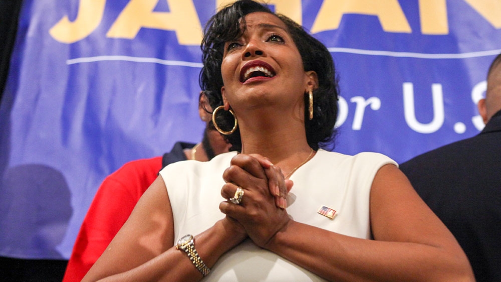 Jahana Hayes reacts after appearing at her midterm election night party in Waterbury, Connecticut [File: Michelle McLoughlin/Reuters]