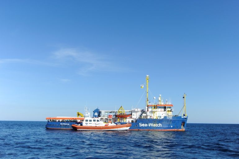 The migrant search and rescue ship Sea-Watch 3, operated by German NGO Sea-Watch, is seen off the coast of Siracusa