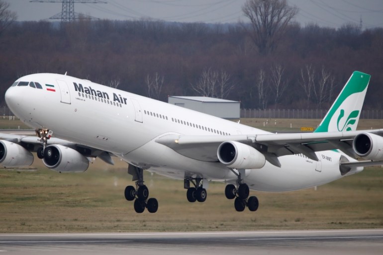 An Airbus A340-300 of Iranian airline Mahan Air takes off from Duesseldorf airport