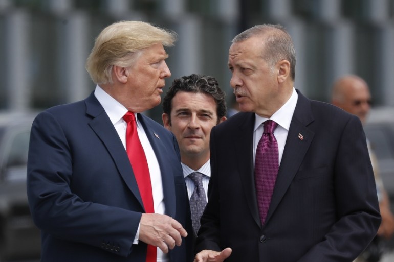 President Donald Trump, left, talks with Turkey''s President Recep Tayyip Erdogan