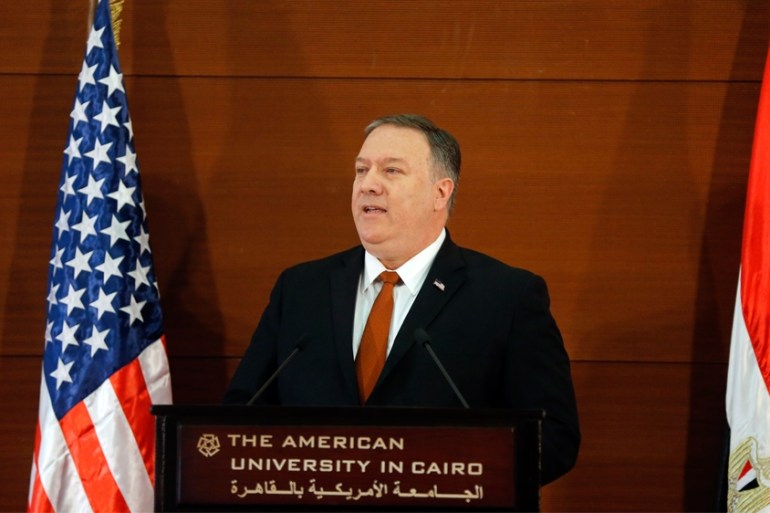 United States Egypt U.S. Secretary of State Mike Pompeo, gives a speech at the American University in Cairo, Egypt, Thursday, Jan. 10, 2019. Pompeo delivered a scathing rebuke of the Obama admin